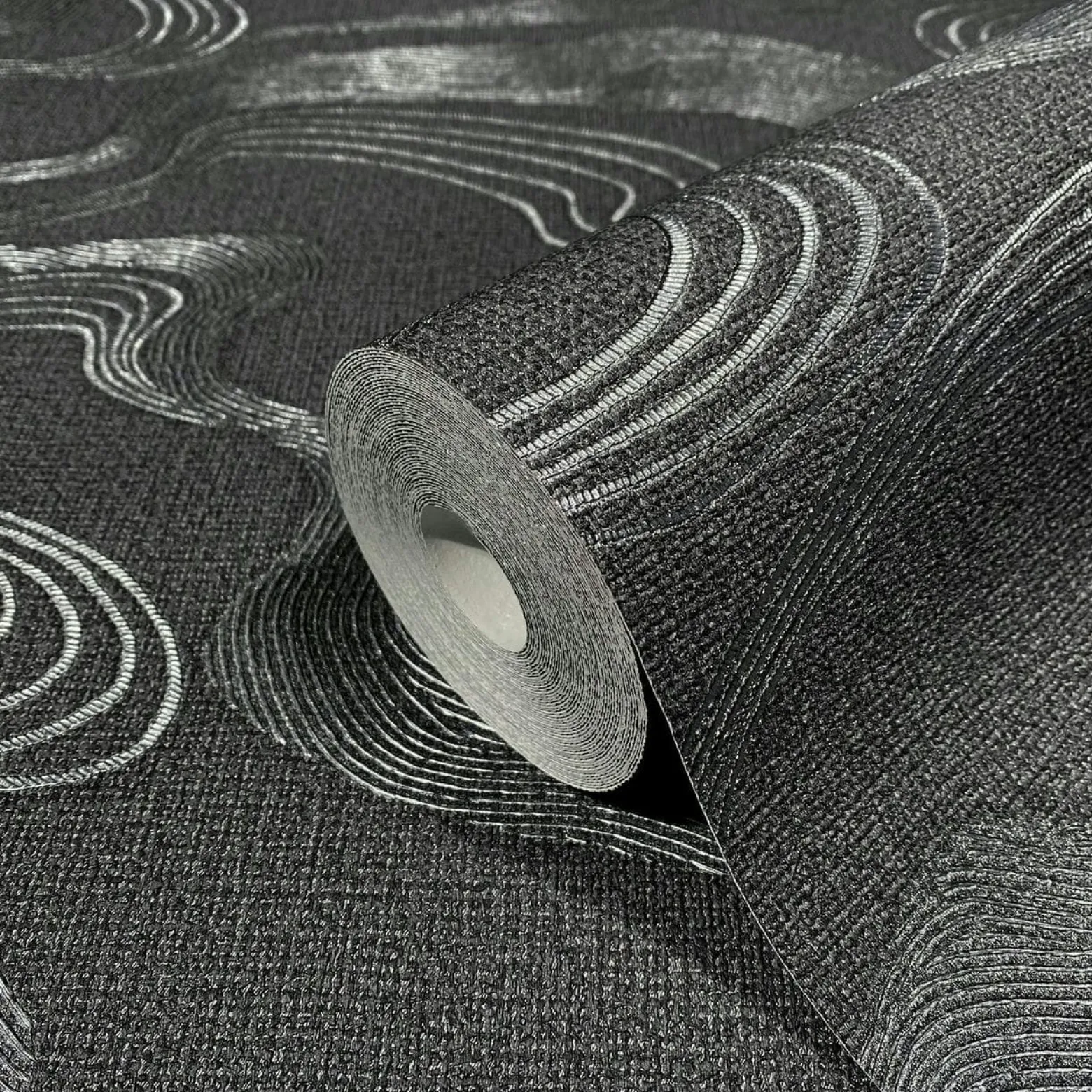 Vliestapete Wellen Textil Optik Schwarz Metallic 34537
