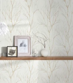 Vliestapete Zweige Floral cremeweiß gold metallic 37260-3