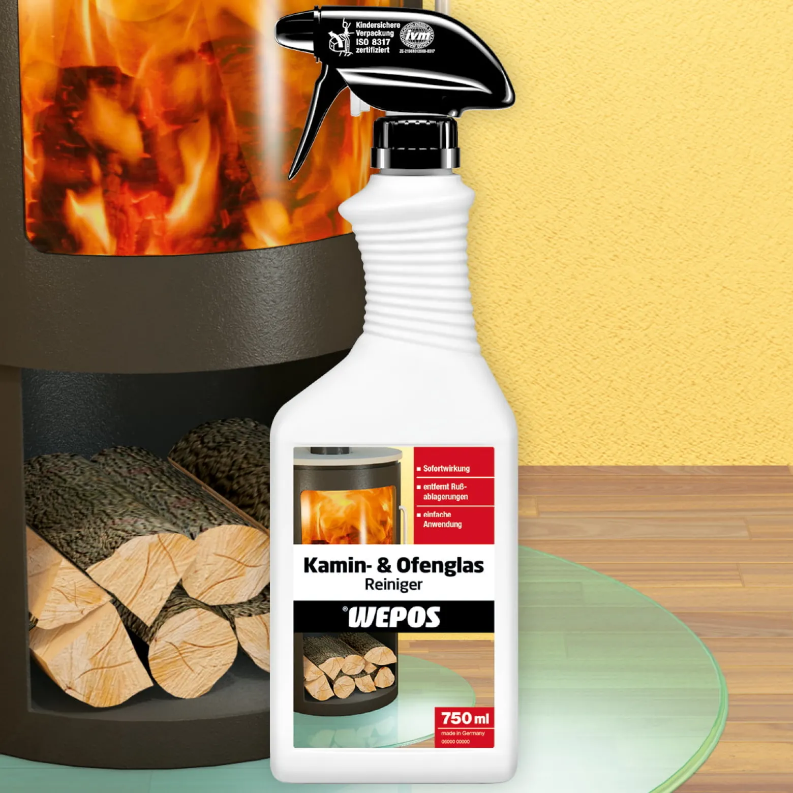 Wepos Kamin und Ofenglas Reiniger Spray 750 ml